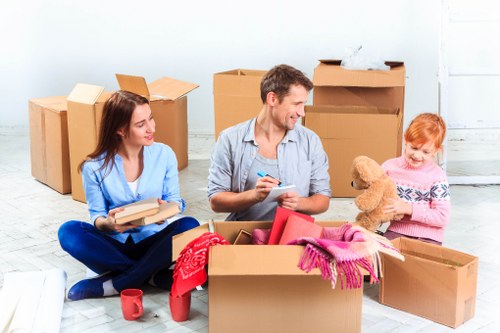 Packed boxes and furniture prepared for loading on moving day